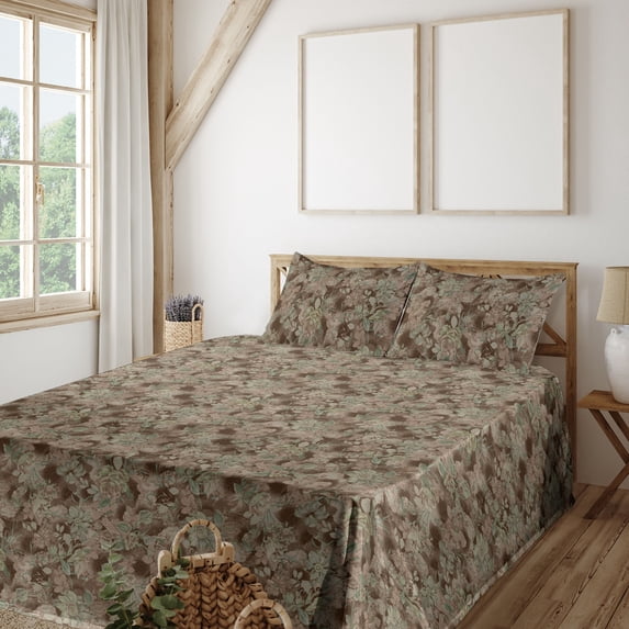 Ambesonne Floral Design Fitted & Flat Sheet with Sham 3 Pcs Set, Muted Leaves Greenery, Twin, Laurel Green Umber