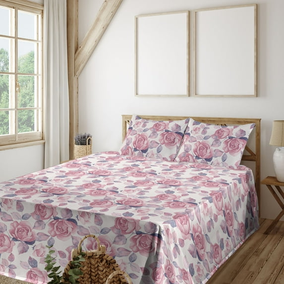 Ambesonne Floral Design Fitted & Flat Sheet with Sham 3 Pcs Set, Nude Colors Flowers, Twin XL, Blush Indigo Pastel Pink
