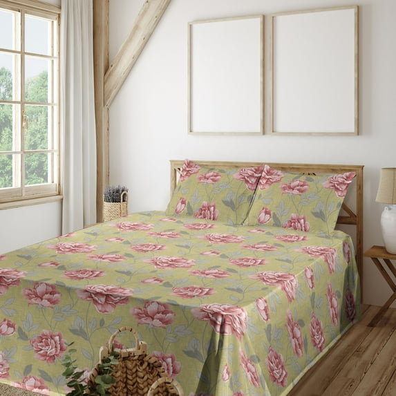 Ambesonne Floral Design Fitted & Flat Sheet with Shams 4 Pcs Set, Art Flowers Modern, Full, Pale Pink Apple Green