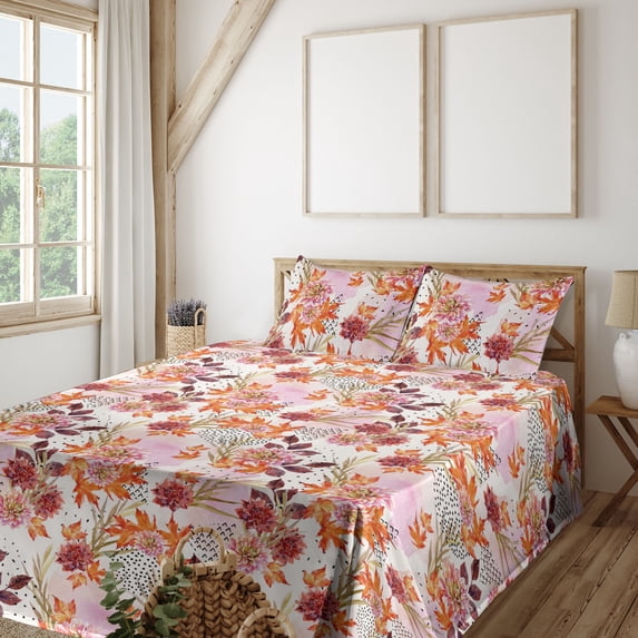 Ambesonne Floral Design Fitted & Flat Sheet with Shams 4 Pcs Set, Autumn Dahlia Flowers, King, Vermilion Soft Pink Ruby