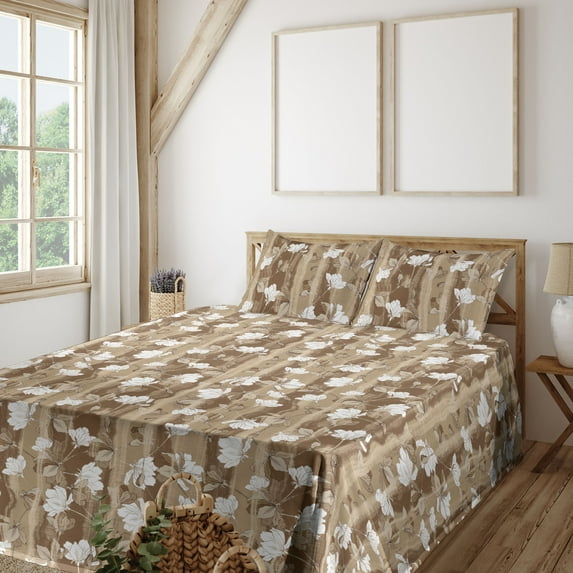 Ambesonne Floral Design Fitted & Flat Sheet with Shams 4 Pcs Set, Autumn Flowers Beige, Full, White Umber Pale Camel