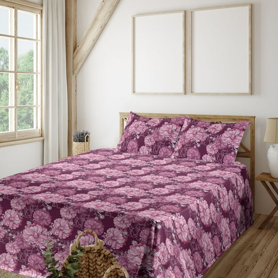 Ambesonne Floral Design Fitted & Flat Sheet with Shams 4 Pcs Set, Delicate Blooms Print, Queen, Dark Magenta Pastel Pink
