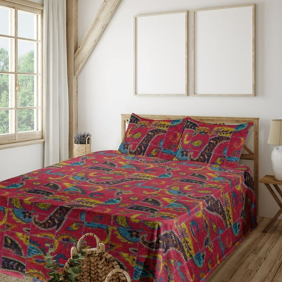 Ambesonne Floral Design Fitted & Flat Sheet with Shams 4 Pcs Set, Flowers Checkered Art, Full, Dark Pink Deep Sky Blue