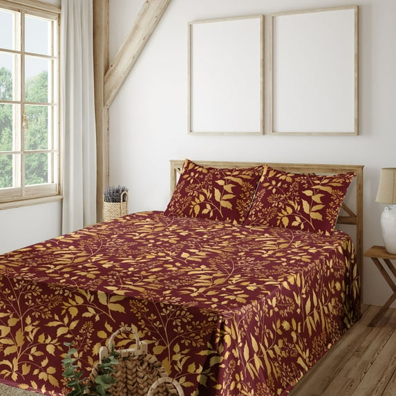 Ambesonne Floral Design Fitted & Flat Sheet with Shams 4 Pcs Set, Golden Tone Flowers, Calking, Pale Earth Yellow Ruby