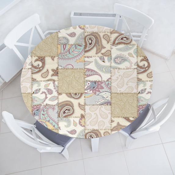 Ambesonne Floral Design Fitted Round Tablecloth, Abstract Boho Flowers, 45"- 56" Diameter, Khaki Pale Ruby Ivory