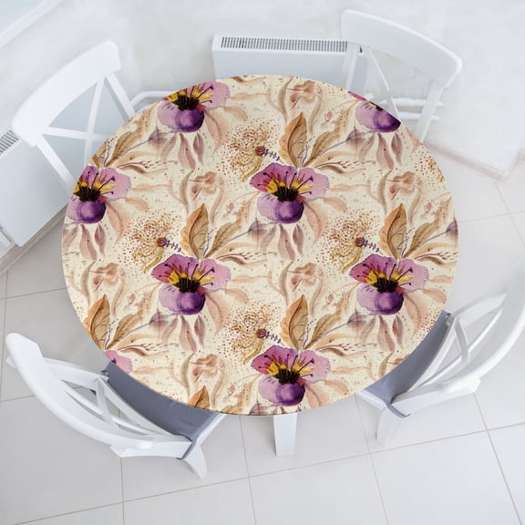Ambesonne Floral Design Fitted Round Tablecloth, Bloom Vintage Neutral, 36"- 40" Diameter, Eggplant Lilac Champagne