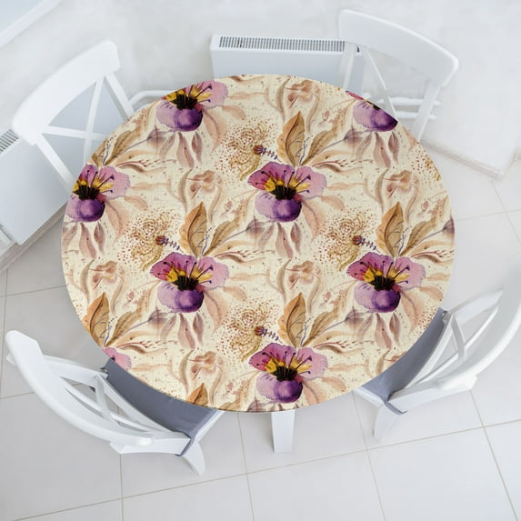 Ambesonne Floral Design Fitted Round Tablecloth, Bloom Vintage Neutral, 36"- 40" Diameter, Eggplant Lilac Champagne