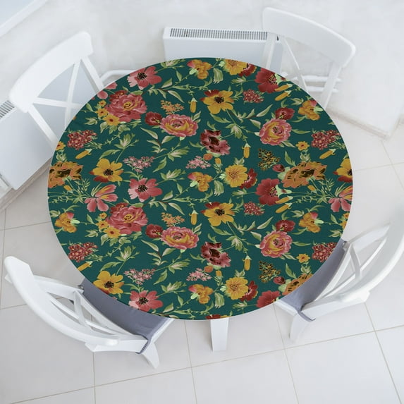 Ambesonne Floral Design Fitted Round Tablecloth, Botany Autumn Blooms, 40"- 44" Diameter, Teal Dark Coral Apricot