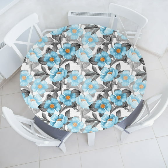 Ambesonne Floral Design Fitted Round Tablecloth, Drawings of Flowers, 45"- 56" Diameter, Deep Sky Blue Pale Grey