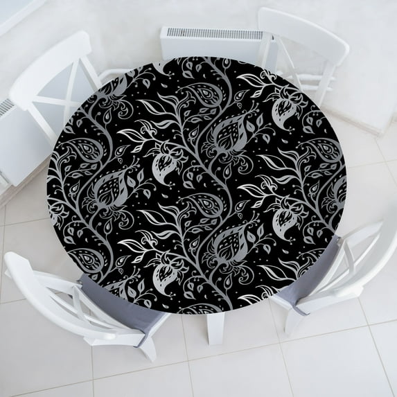 Ambesonne Floral Design Fitted Round Tablecloth, Ethno Flowers Pattern, 36"- 40" Diameter, Charcoal Grey and Off White