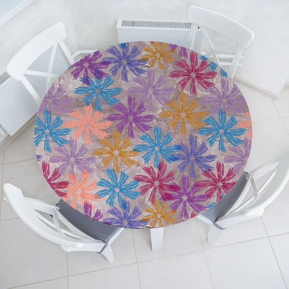Ambesonne Floral Design Fitted Round Tablecloth, Flowers Psychedelic, 40"- 44" Diameter, Violet Deep Sky Blue
