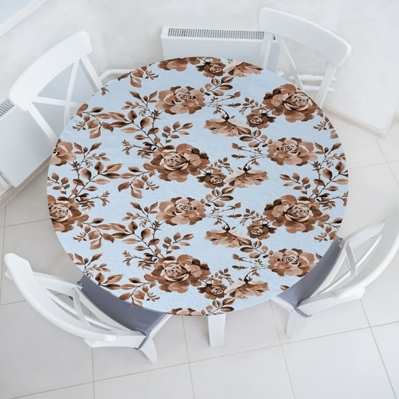 Ambesonne Floral Design Fitted Round Tablecloth, Flowers Vintage Print, 56"- 60" Diameter, Lavender Blue Warm Taupe