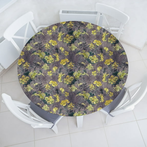 Ambesonne Floral Design Fitted Round Tablecloth, Grunge Blooming Art, 36"- 40" Diameter, Apple Green Purple Grey
