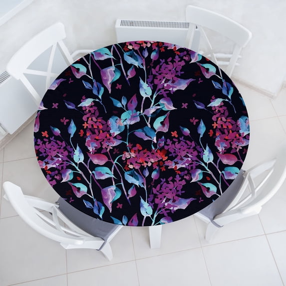 Ambesonne Floral Design Fitted Round Tablecloth, Grunge Lilac Pattern, 56"- 60" Diameter, Magenta Pale Purple Plum