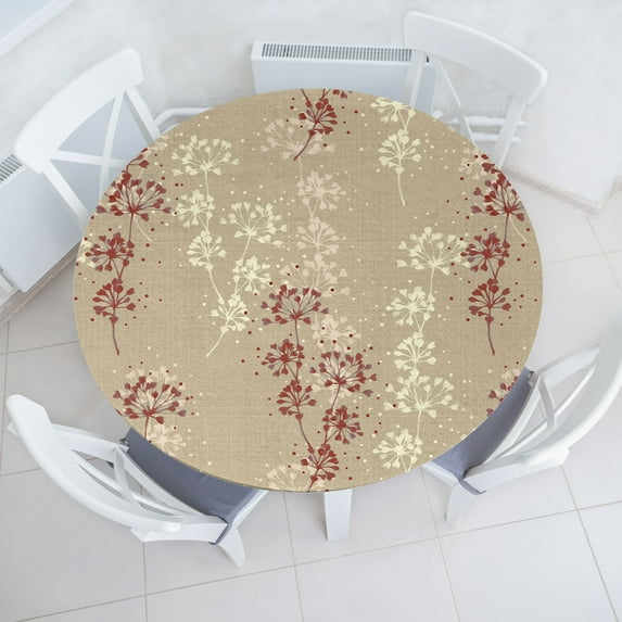 Ambesonne Floral Design Fitted Round Tablecloth, Japan Simple Flowers, 36"- 40" Diameter, Pale Khaki Burgundy Rose