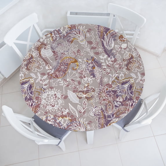 Ambesonne Floral Design Fitted Round Tablecloth, Linear Vintage Damask, 56"- 60" Diameter, Pale Ruby Pale Sepia