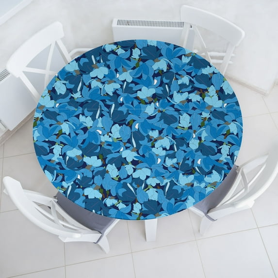 Ambesonne Floral Design Fitted Round Tablecloth, Magnolia Flowers Art, 45"- 56" Diameter, Sky Blue Pale Azure Blue