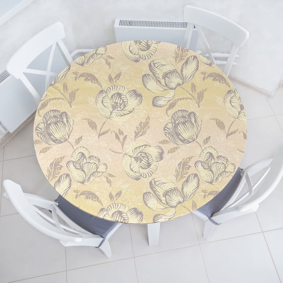 Ambesonne Floral Design Fitted Round Tablecloth, Vintage Cottagecore, 40"- 44" Diameter, Champagne Purpleblue