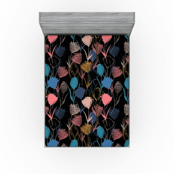 Ambesonne Floral Design Fitted Sheet, Art Silhouette Flower, California King, Pastel Pink Sea Blue