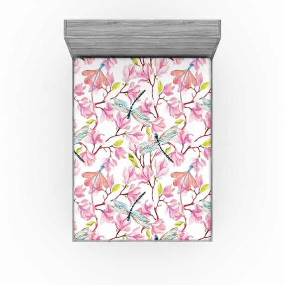 Ambesonne Floral Design Fitted Sheet, Art Watercolor Blooms, King Size, Apple Green Pastel Pink