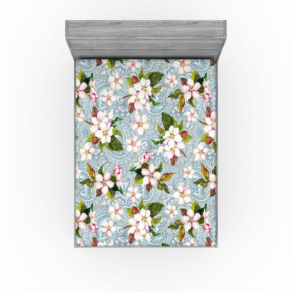 Ambesonne Floral Design Fitted Sheet, Asian Floral Spring, Full Size, Pale Pink Forest Green
