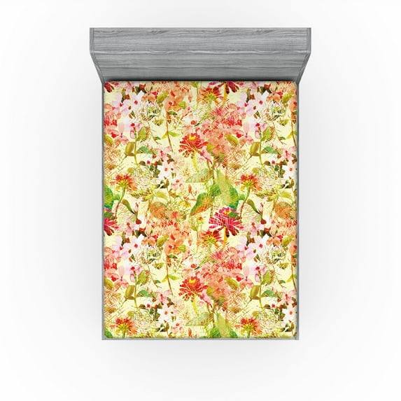 Ambesonne Floral Design Fitted Sheet, Asian Flowers Dreamy, King Size, Apple Green Coral