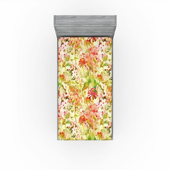 Ambesonne Floral Design Fitted Sheet, Asian Flowers Dreamy, Twin Size, Apple Green Coral