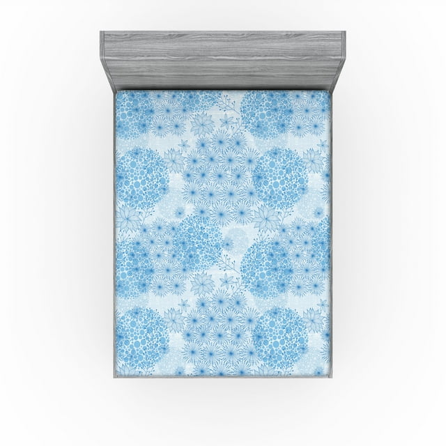 Ambesonne Floral Design Fitted Sheet, Asian Soft Sky Colors, California King, Sea Blue and Pale Azure Blue