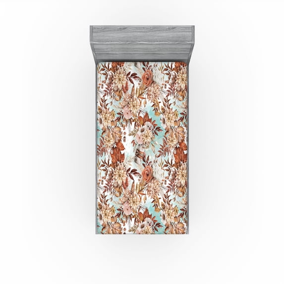 Ambesonne Floral Design Fitted Sheet, Autumn Delicate Bloom, Twin XL Size, Burnt Orange Paprika Ecru