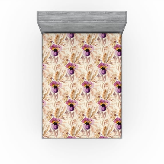Ambesonne Floral Design Fitted Sheet, Bloom Vintage Neutral, Full Size, Eggplant Lilac Champagne