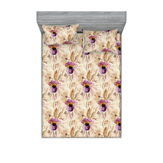 Floral Design Fitted Sheet & Pillow Sham Set, Watercolors Style Flowers Vintage Pattern with Neutral Leaves, Decorative Printed 3 Piece Bedding Decor, King, Eggplant Lilac Champagne, by Ambesonne