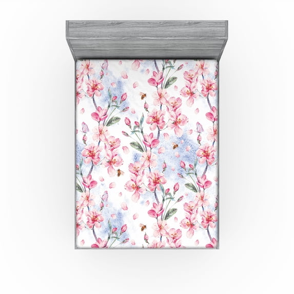 Ambesonne Floral Design Fitted Sheet, Chill Japanese Flower, King Size, Pale Pink Reseda Green