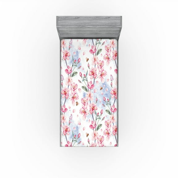 Ambesonne Floral Design Fitted Sheet, Chill Japanese Flower, Twin Size, Pale Pink Reseda Green