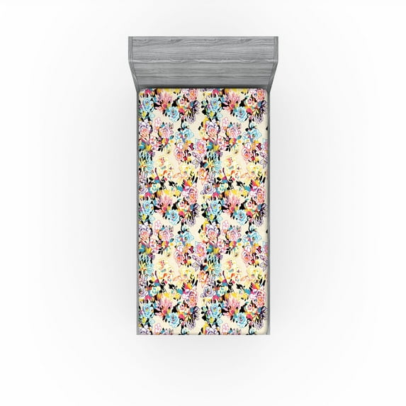 Ambesonne Floral Design Fitted Sheet, Colorful Outline Rose, Twin Size, Petrol Blue Pale Yellow