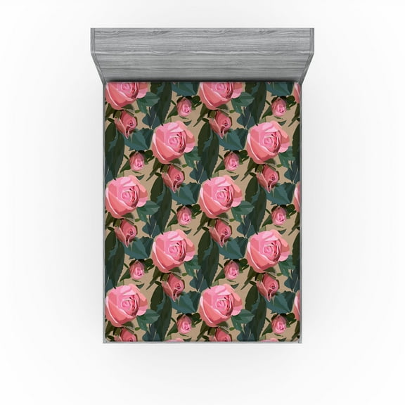 Ambesonne Floral Design Fitted Sheet, Delicate Rose Pattern, California King, Pastel Pink Dark Teal