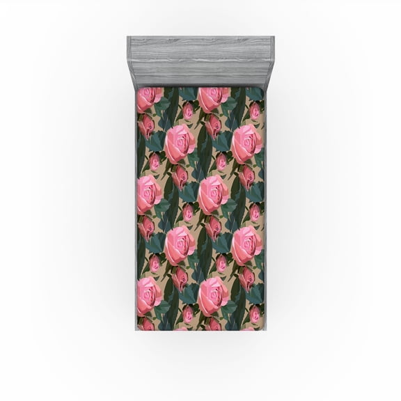 Ambesonne Floral Design Fitted Sheet, Delicate Rose Pattern, Twin Size, Pastel Pink Dark Teal