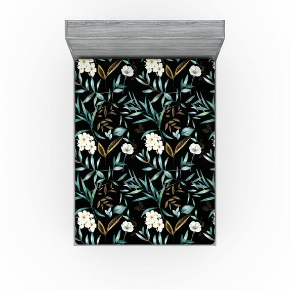 Ambesonne Floral Design Fitted Sheet, Exotic Leafy Hibiscus, Full Size, Sea Green Fawn Eggshell