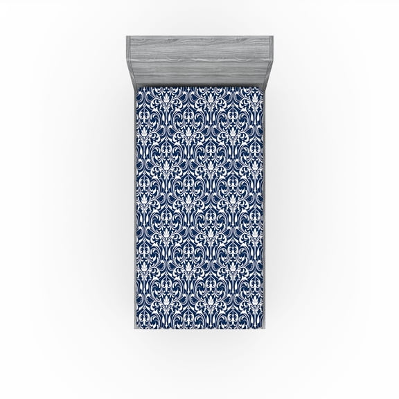 Ambesonne Floral Design Fitted Sheet, Flower Pattern Damask, Twin Size, Cobalt Blue and White