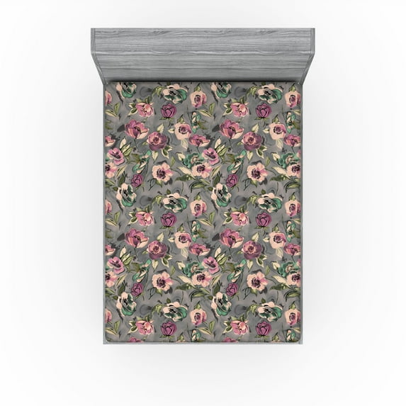 Ambesonne Floral Design Fitted Sheet, Flowers Aquarelle Art, King Size, Taupe Grey Dried Rose