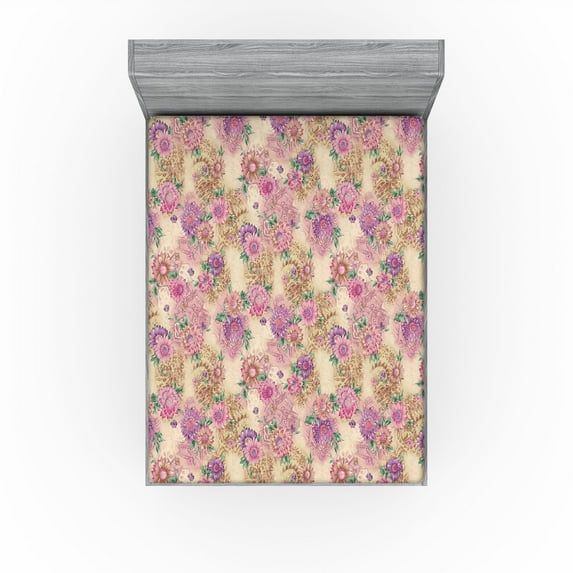 Ambesonne Floral Design Fitted Sheet, Flowers Cottagecore, Full Size, Pale Khaki Pale Pink