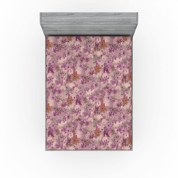 Ambesonne Floral Design Fitted Sheet, Flowers Dreamy Garden, Full Size, Pale Lilac Lilac