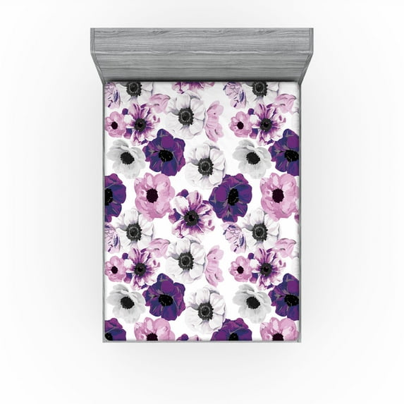 Ambesonne Floral Design Fitted Sheet, Garden Scene Flowers, King Size, Pale Pink Pale Grey Plum