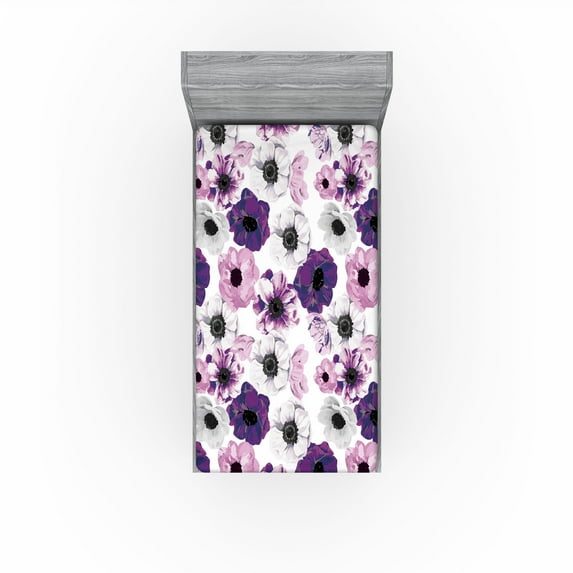Ambesonne Floral Design Fitted Sheet, Garden Scene Flowers, Twin XL Size, Pale Pink Pale Grey Plum