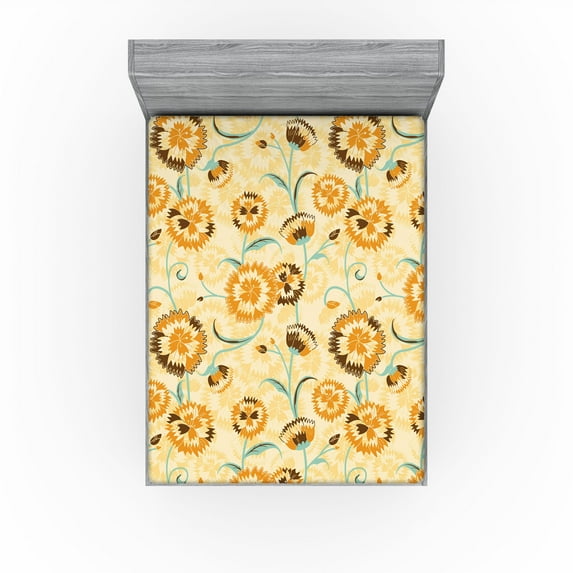 Ambesonne Floral Design Fitted Sheet, Geometric Blooms Art, Full Size, Marigold Seafoam