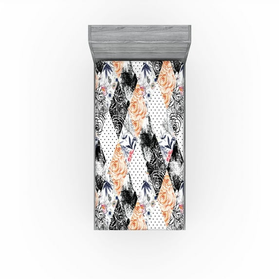 Ambesonne Floral Design Fitted Sheet, Geometric Lozen Rose, Twin Size, White Charcoal Grey Amber