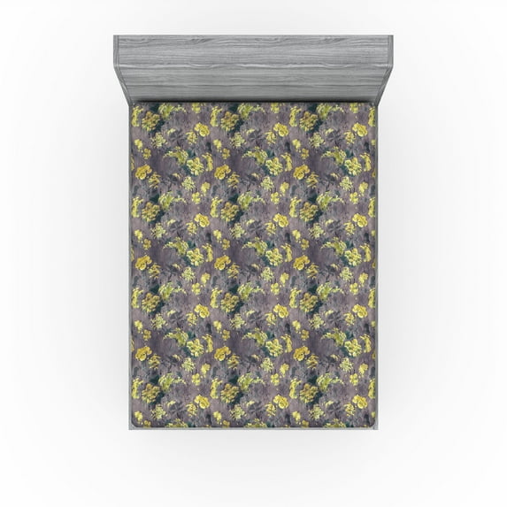 Ambesonne Floral Design Fitted Sheet, Grunge Blooming Art, Full Size, Apple Green Purple Grey