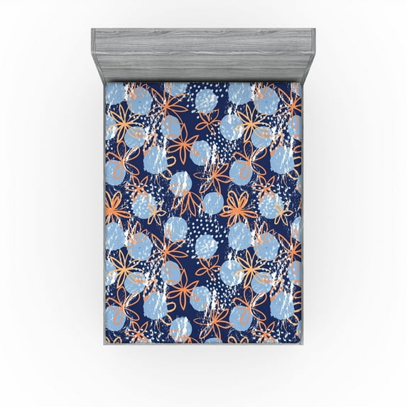 Ambesonne Floral Design Fitted Sheet, Grungy Modern Flowers, King Size, Dark Indigo Burnt Sienna
