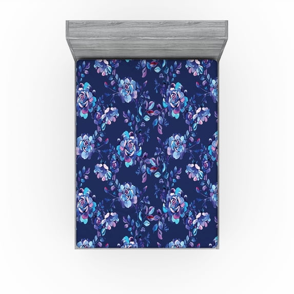 Ambesonne Floral Design Fitted Sheet, Inverted Colors Flora, California King, Indigo Sky Blue Violet