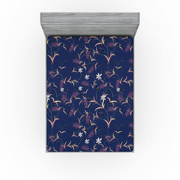 Ambesonne Floral Design Fitted Sheet, Japan Leafy Flowers, Full Size, Indigo Pale Peach White