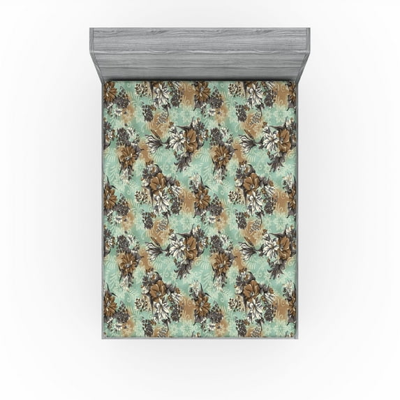 Ambesonne Floral Design Fitted Sheet, Japanese Anime Blooms, Queen Size, Almond Green Dark Khaki